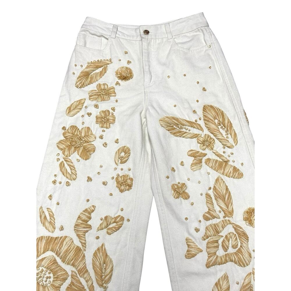 Cult Gaia Jarli White Raffia Appliqué High Rise Wide Leg Jeans XS - Picture 10 of 16